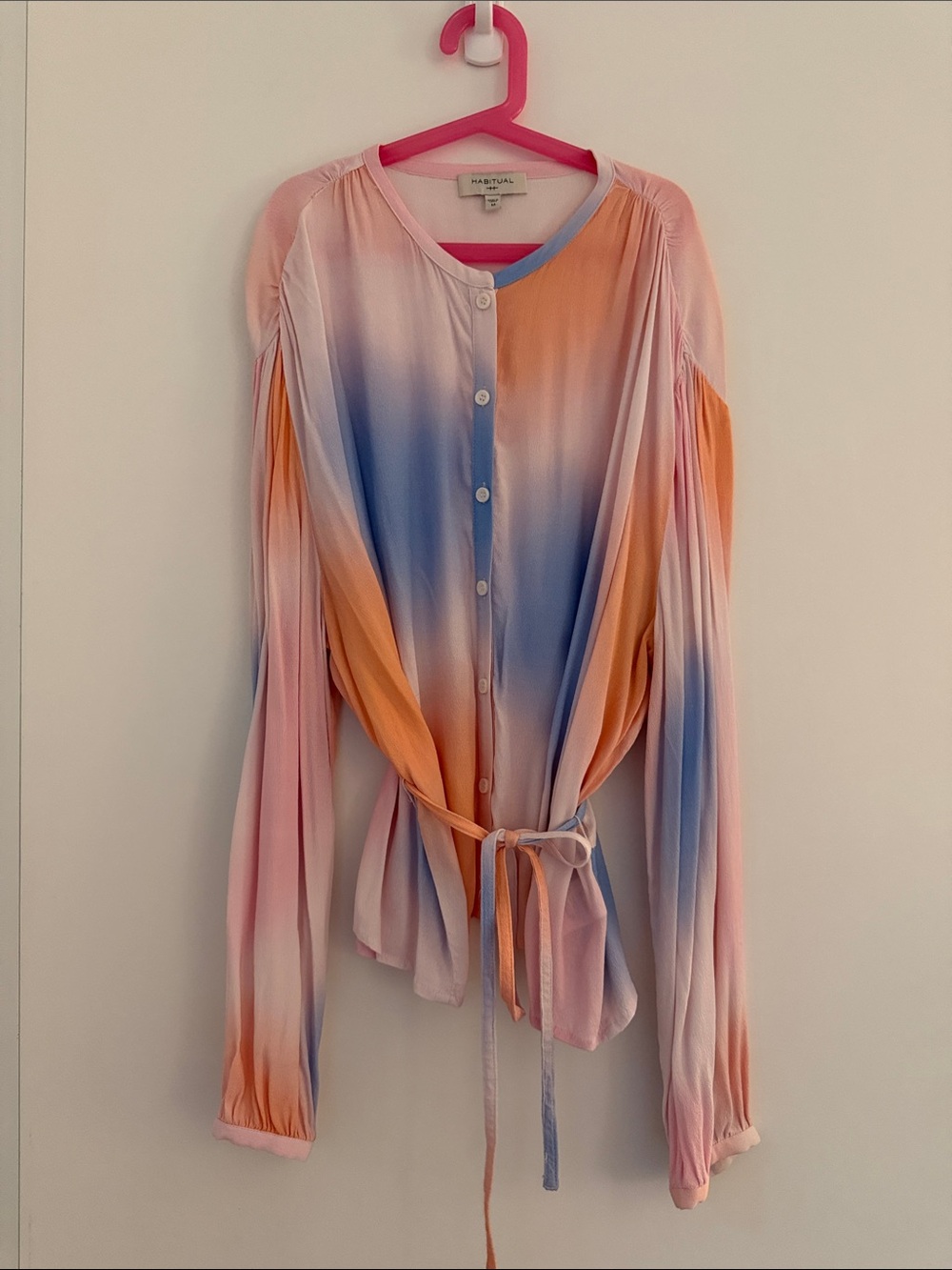 Habitual Pink Blue Orange Tie-Waist Button Front Blouse